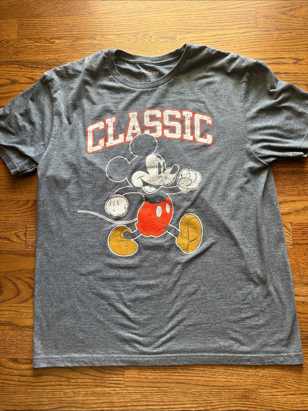 Disney Gray Classic Mickey Graphic Tee with Red and Yellow Accents